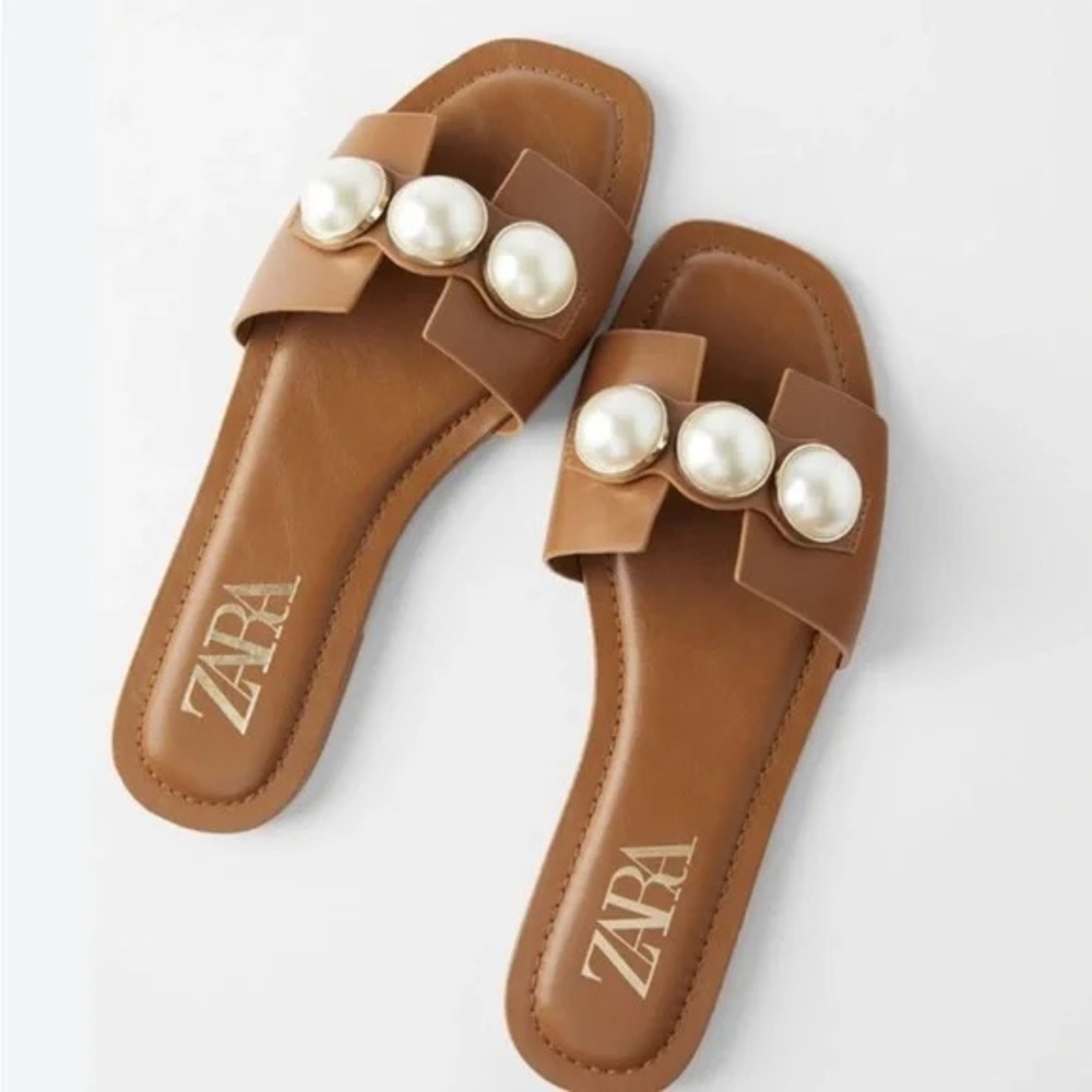 Zara Leather sandal slides with pearls NWT